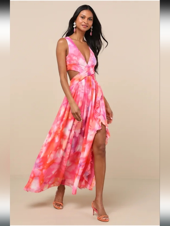 Lulus Dresses & Skirts - NWT Lulu's Elisanna Pink Multi Floral Lace-Up Midi Dress Size Small